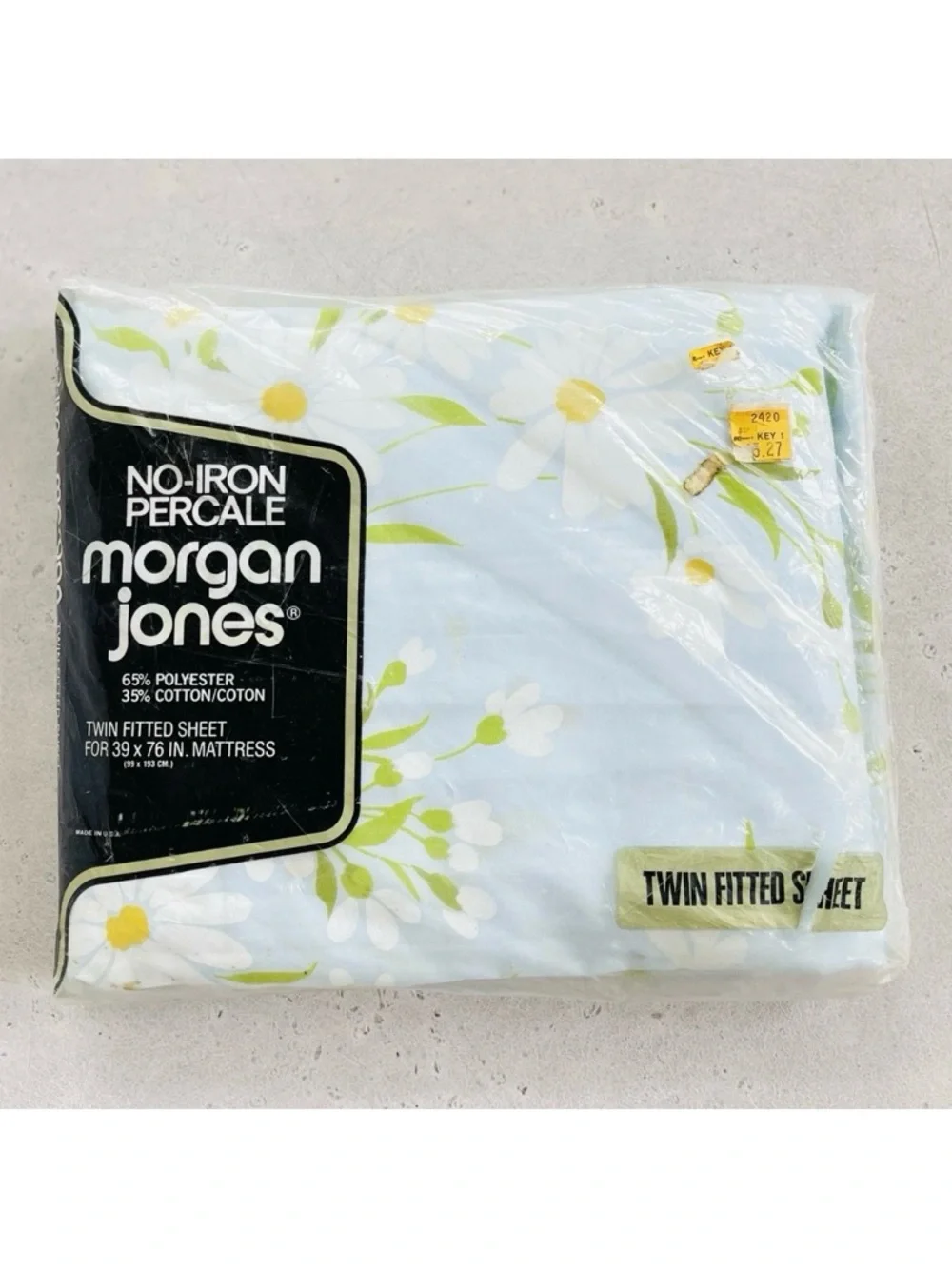 NOS Vintage Morgan Jones Blue with Spring Daisies Print Twin Fitted Sheet